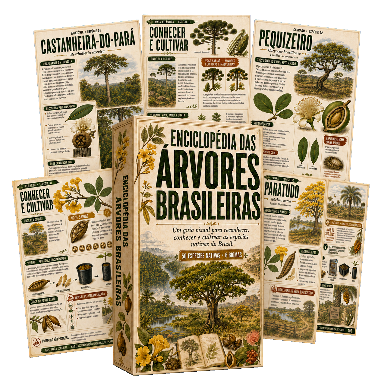 Mockup completo da Enciclopédia das Árvores Brasileiras com os seis bônus
