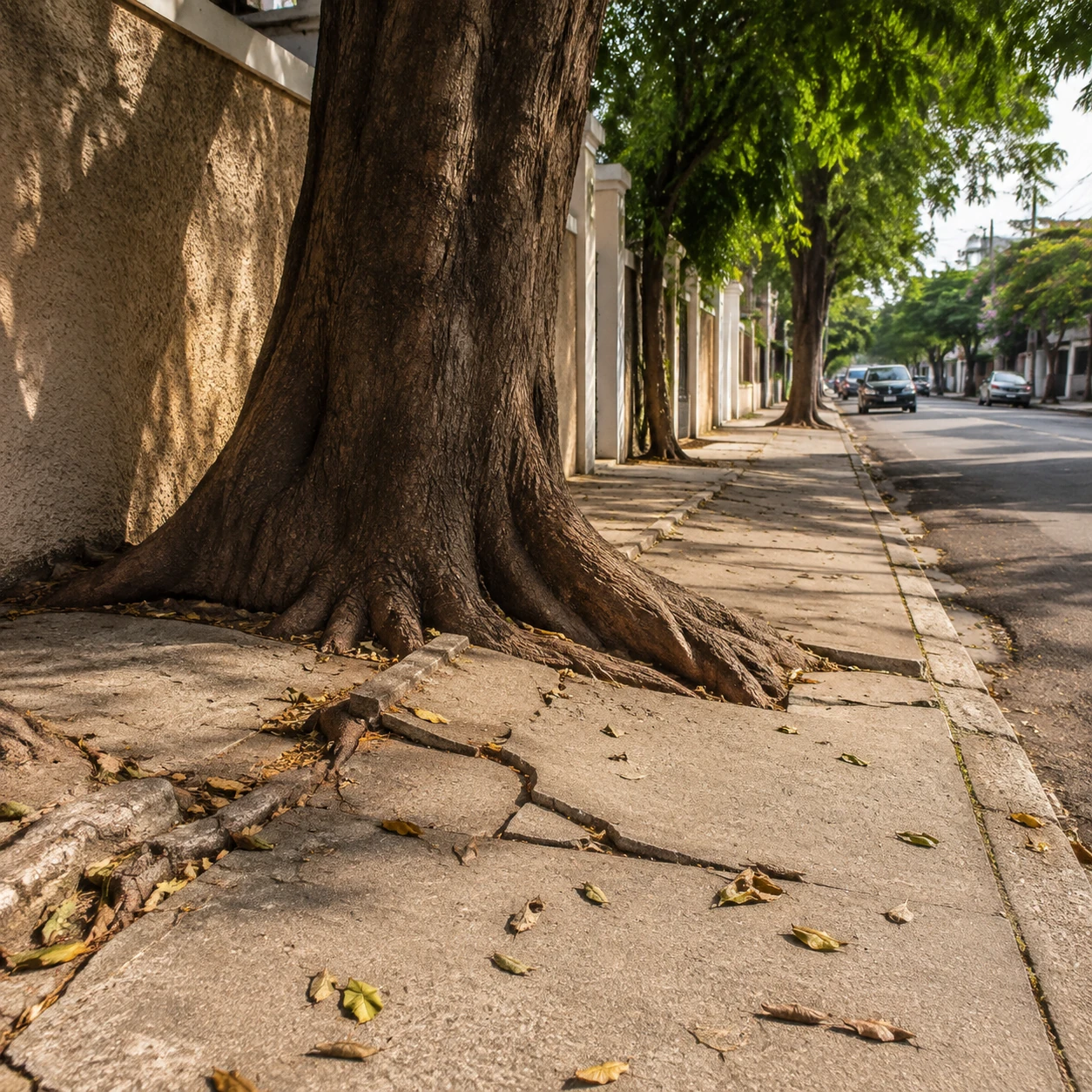 Raízes de uma árvore inadequada para o local levantando parte de uma calçada